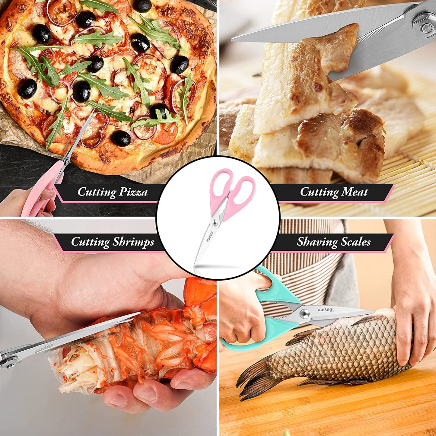 Kitchen Shears, Kitchen Scissors All Purpose Heavy Duty Meat Scissors Poultry Shears, Dishwasher Safe Food Cooking Scissors Stainless Steel Utility Scissors, 2-Pack, Pastel Pink, Mint Blue