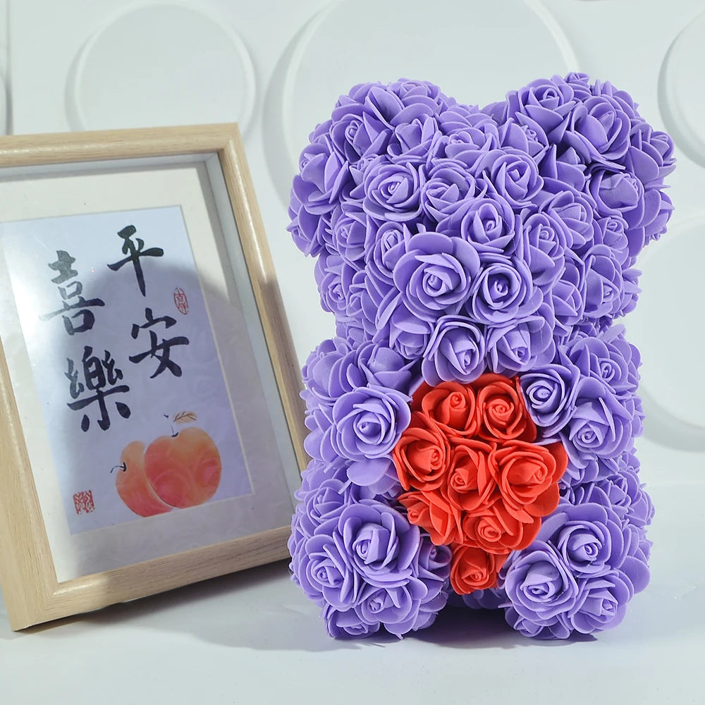 Rose Bear 25Cm Teddy Rose Bear with Love Heart Artificial Flower for Valentine'S Wedding Birthday Christmas Gift Home Decoration