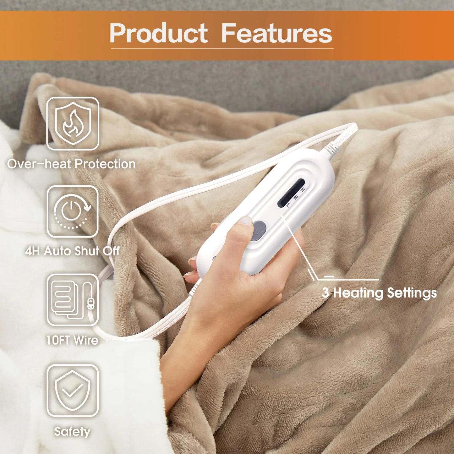 Electric Heated Blanket Throw,50"X60"Double Flannel Fabric Heated Throw Blanket for Home Office Brown