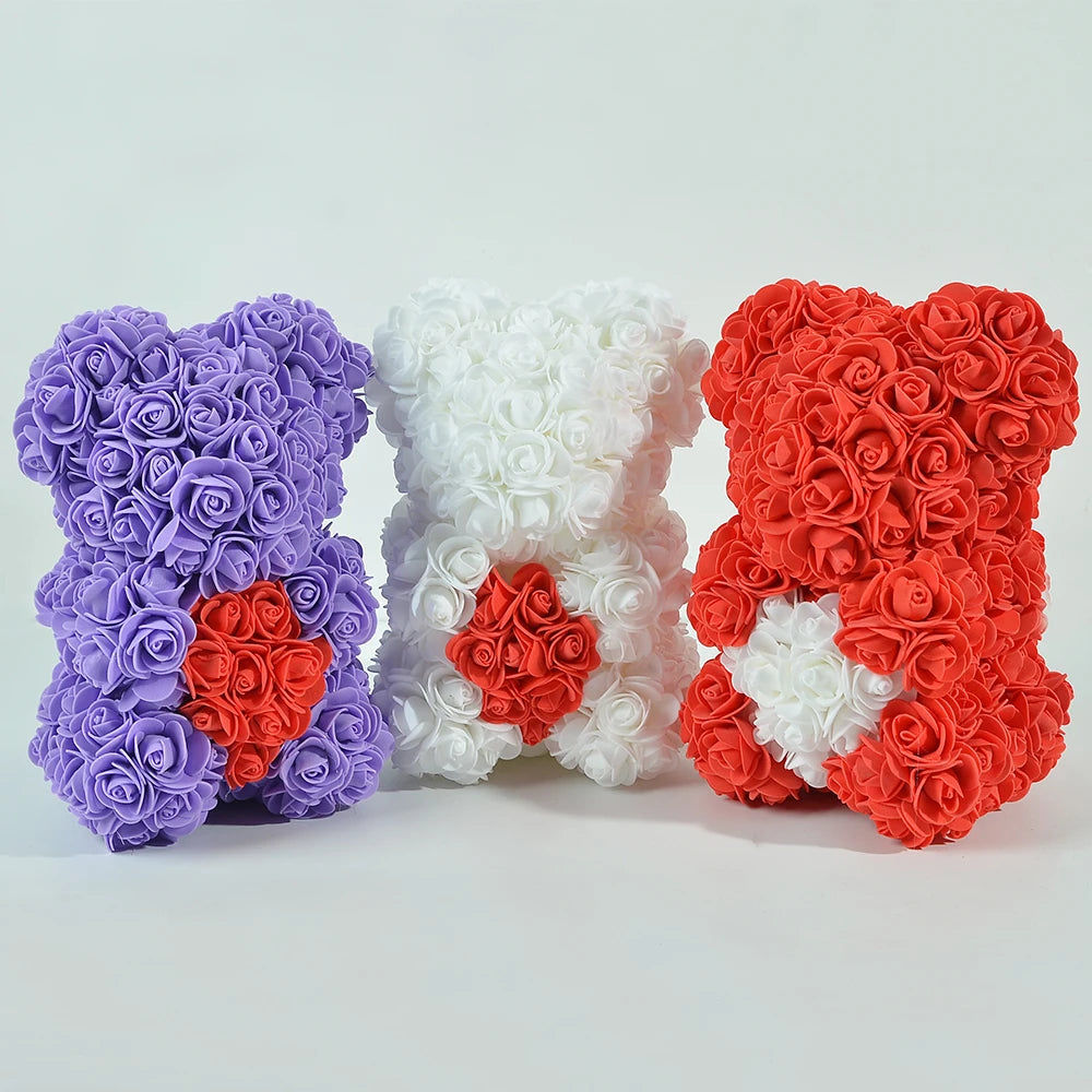 Rose Bear 25Cm Teddy Rose Bear with Love Heart Artificial Flower for Valentine'S Wedding Birthday Christmas Gift Home Decoration