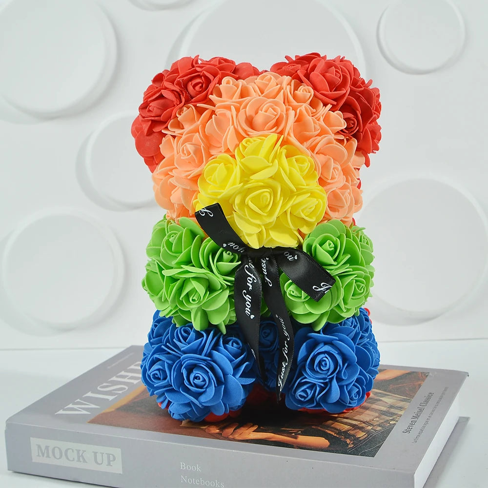Rose Bear 25Cm Teddy Rose Bear with Love Heart Artificial Flower for Valentine'S Wedding Birthday Christmas Gift Home Decoration