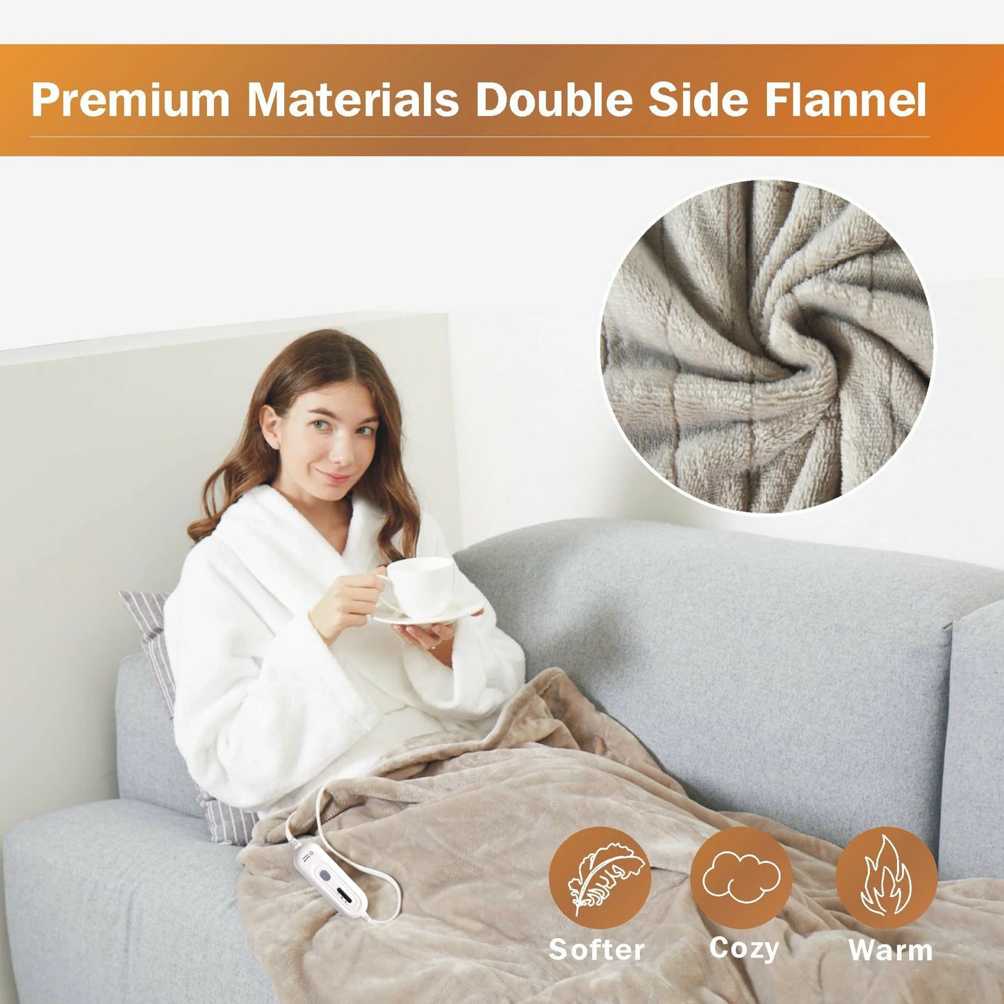 Electric Heated Blanket Throw,50"X60"Double Flannel Fabric Heated Throw Blanket for Home Office Brown