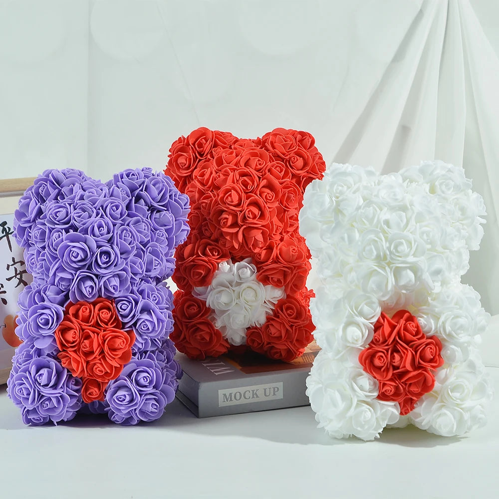 Rose Bear 25Cm Teddy Rose Bear with Love Heart Artificial Flower for Valentine'S Wedding Birthday Christmas Gift Home Decoration