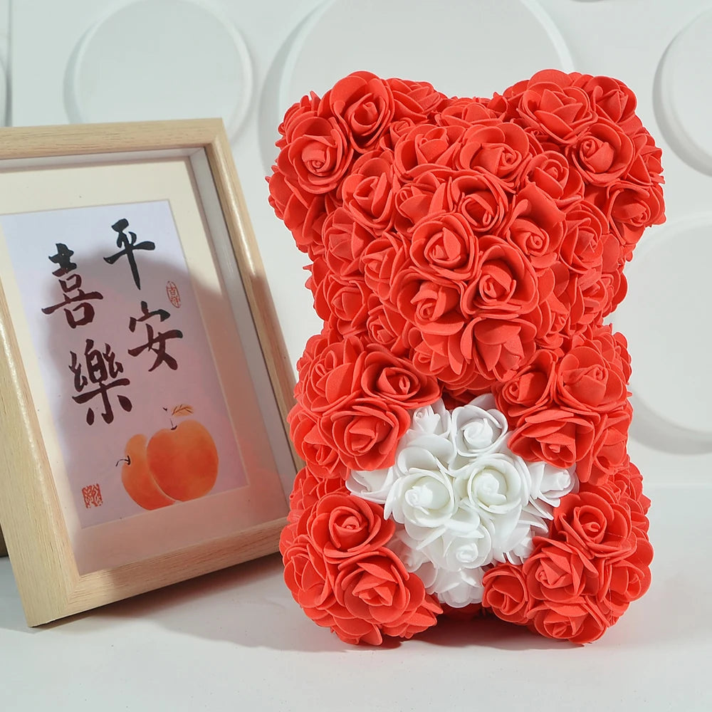 Rose Bear 25Cm Teddy Rose Bear with Love Heart Artificial Flower for Valentine'S Wedding Birthday Christmas Gift Home Decoration