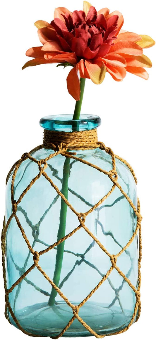 Rustic Glass Bottle Vase Decorative Blue Flower Vase with Creative Rope Net (Large)