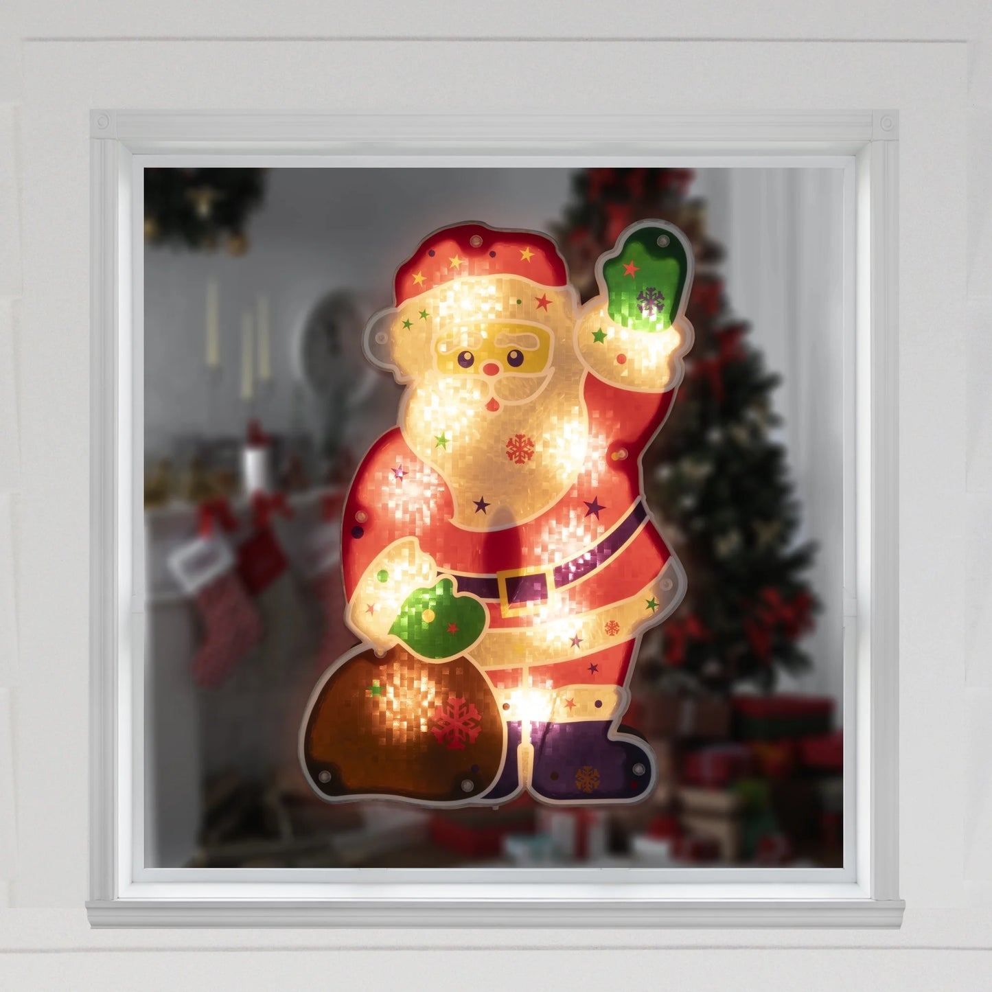 Lighted Holographic Santa Claus Christmas Window Silhouette - 13" - Clear Lights