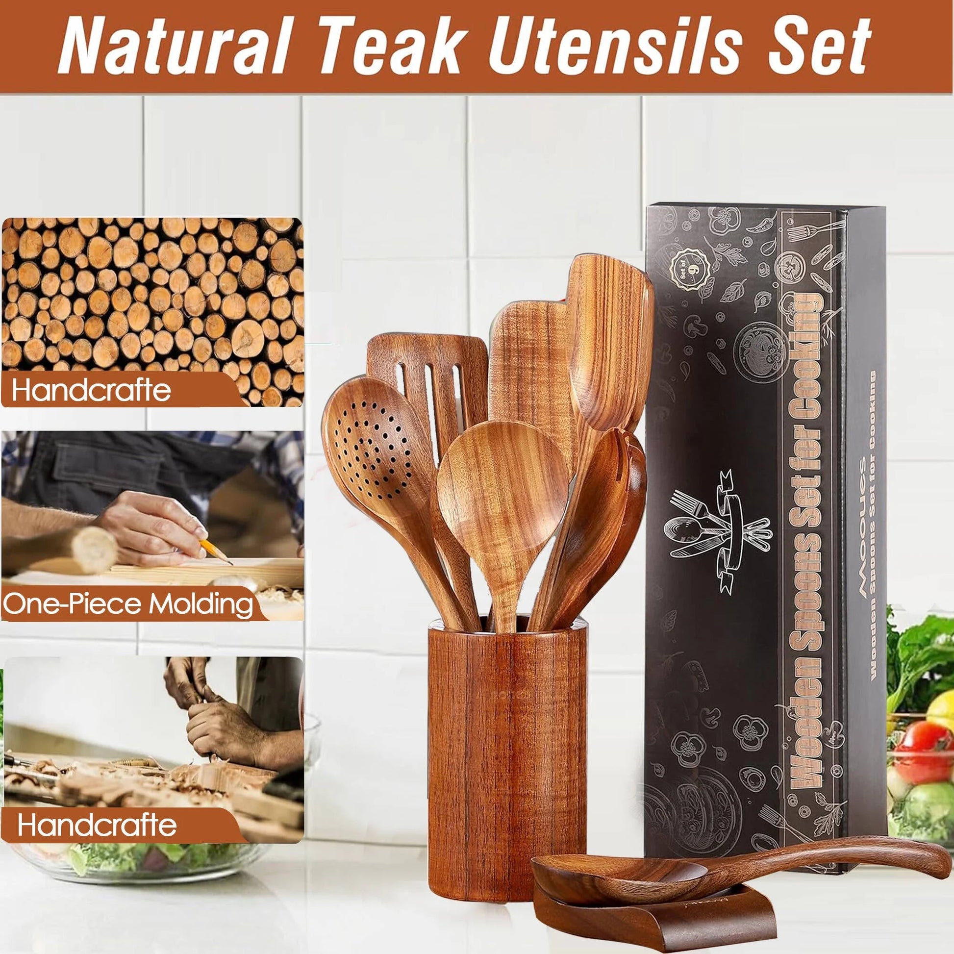 Wooden Spoons for Cooking, 5 Pcs Natural Teak Wooden Kitchen Utensil Set , Wooden Cooking Utensils Set for Nonstick Pans & Cookware