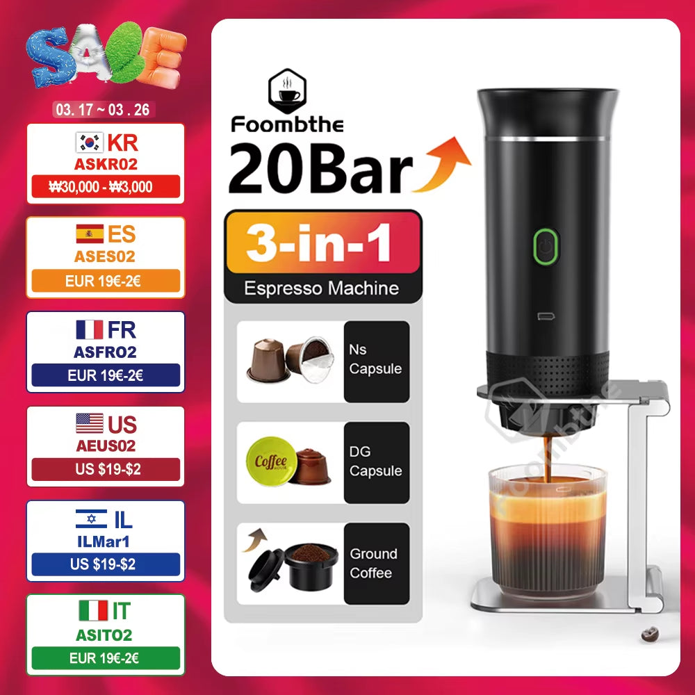 Wireless Electric Portable Espresso Coffee Machine for Car & Home Camping Coffee Maker 3-In-1 Capsule Powder Travel Coffee Maker