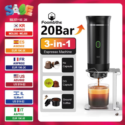 Wireless Electric Portable Espresso Coffee Machine for Car & Home Camping Coffee Maker 3-In-1 Capsule Powder Travel Coffee Maker