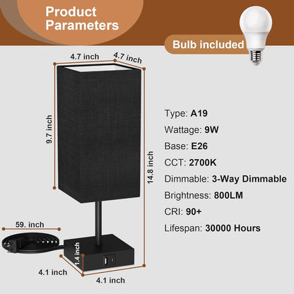 Table Lamp for Bedroom, 3 Way Dimmable Touch Bedside Lamp, Small Lamp with 2 USB & Outlet, Black Nightstand Lamps for End Table, Living Room, Desk, Bulb Included
