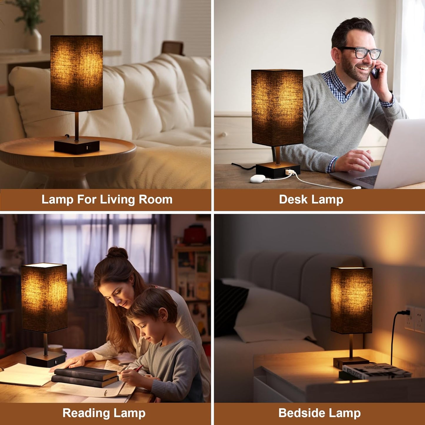 Table Lamp for Bedroom, 3 Way Dimmable Touch Bedside Lamp, Small Lamp with 2 USB & Outlet, Black Nightstand Lamps for End Table, Living Room, Desk, Bulb Included