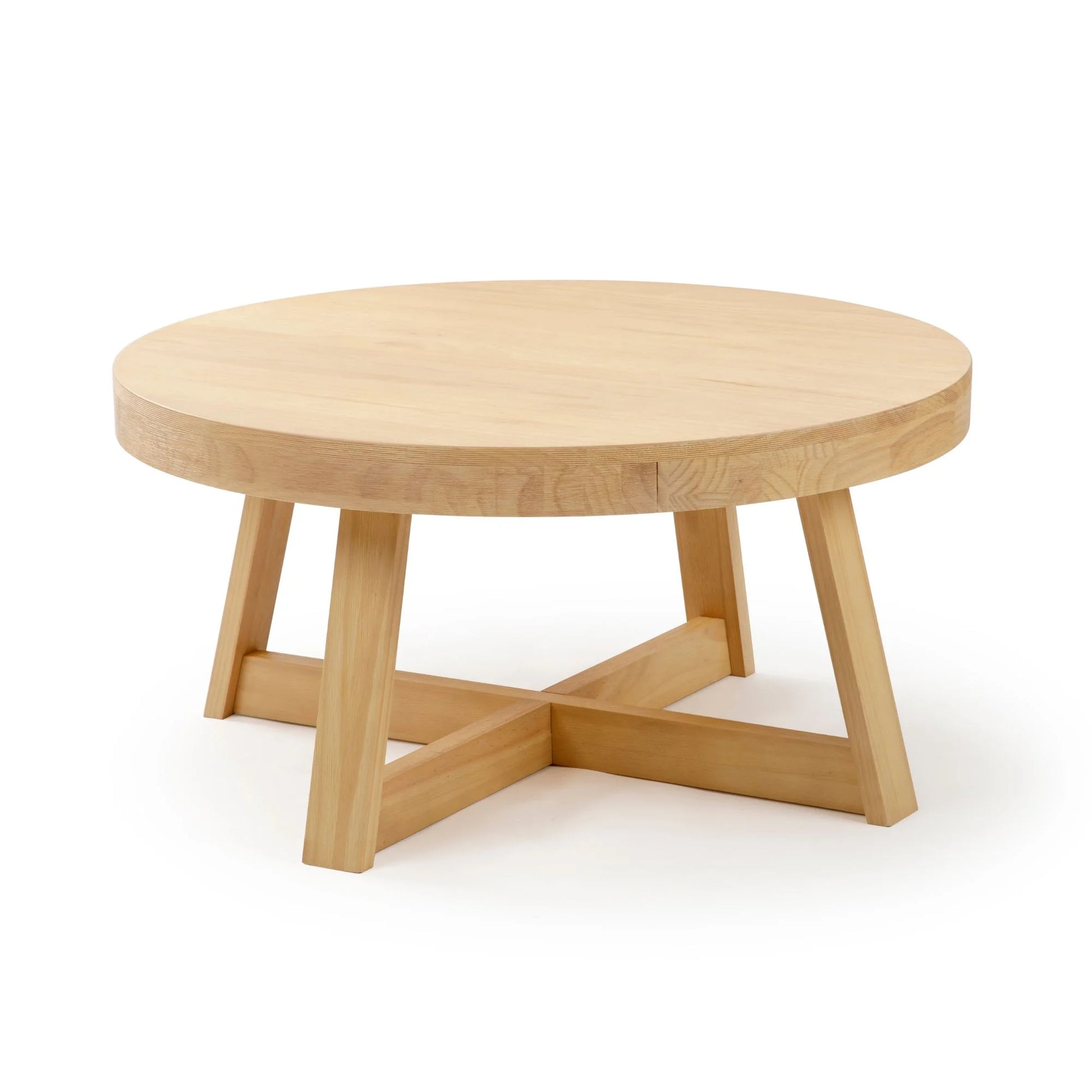 Plank and Beam Farmhouse round Wood Coffee Table, White Sand Wirebrush