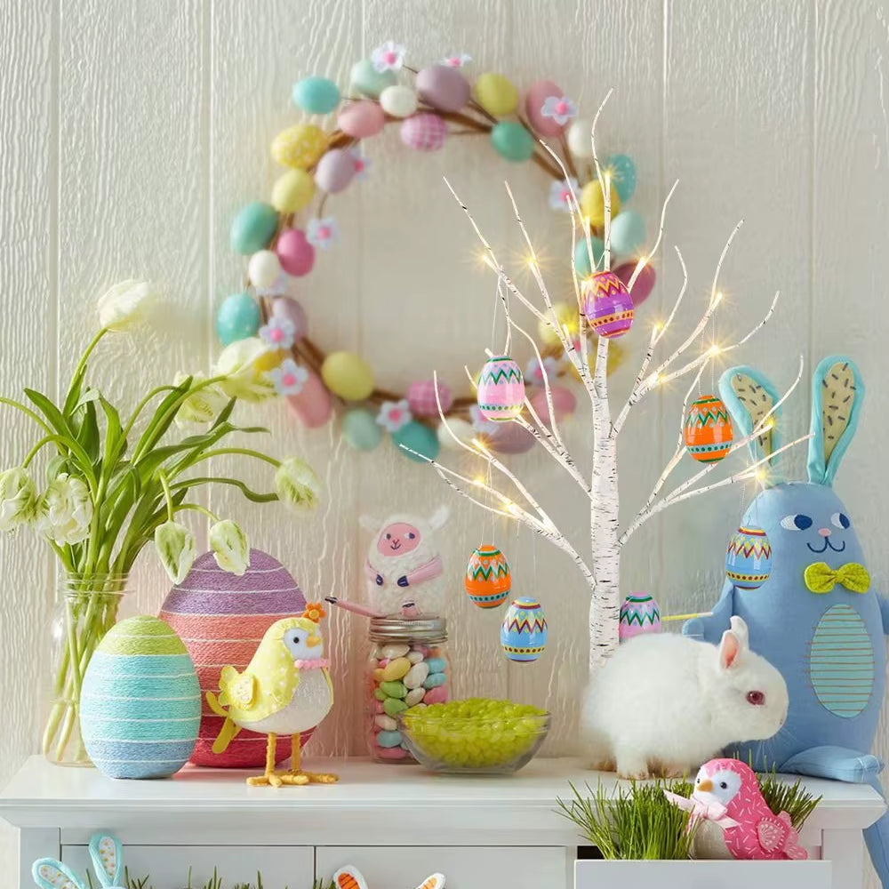 60Cm Easter Decor LED Birch Tree Light Easter Eggs Hanging Ornament Tree Easter Party Supplies Easter Decorations for Home Table