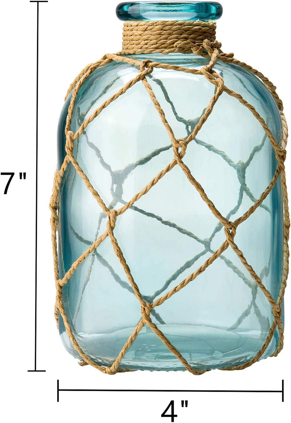 Rustic Glass Bottle Vase Decorative Blue Flower Vase with Creative Rope Net (Large)