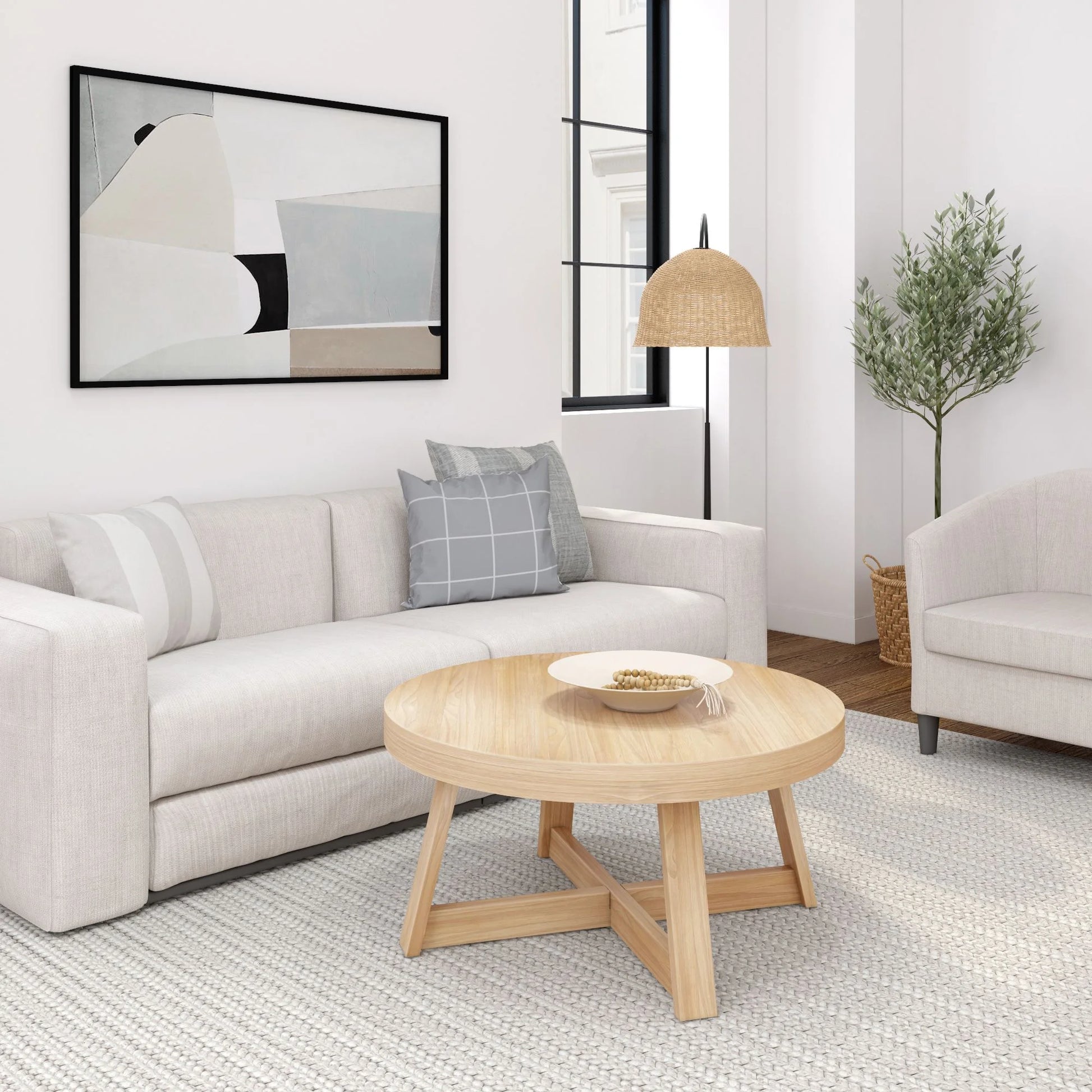Plank and Beam Farmhouse round Wood Coffee Table, White Sand Wirebrush