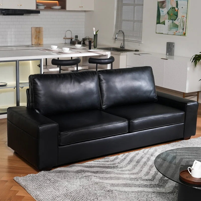 89" Upholstered Vegan Leather Sofa with Wide Square Arms and Storage Pockets Couches
