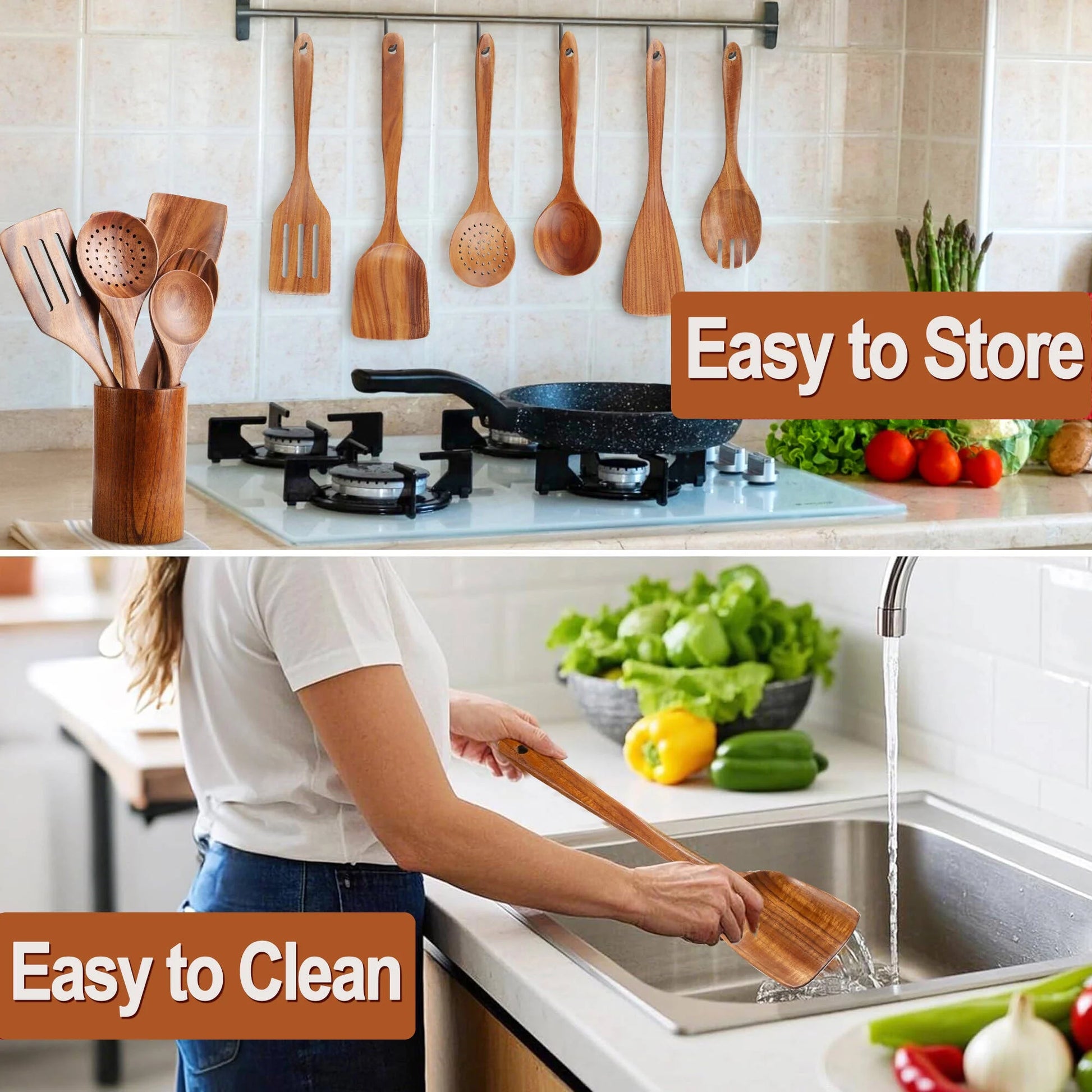 Wooden Spoons for Cooking, 5 Pcs Natural Teak Wooden Kitchen Utensil Set , Wooden Cooking Utensils Set for Nonstick Pans & Cookware