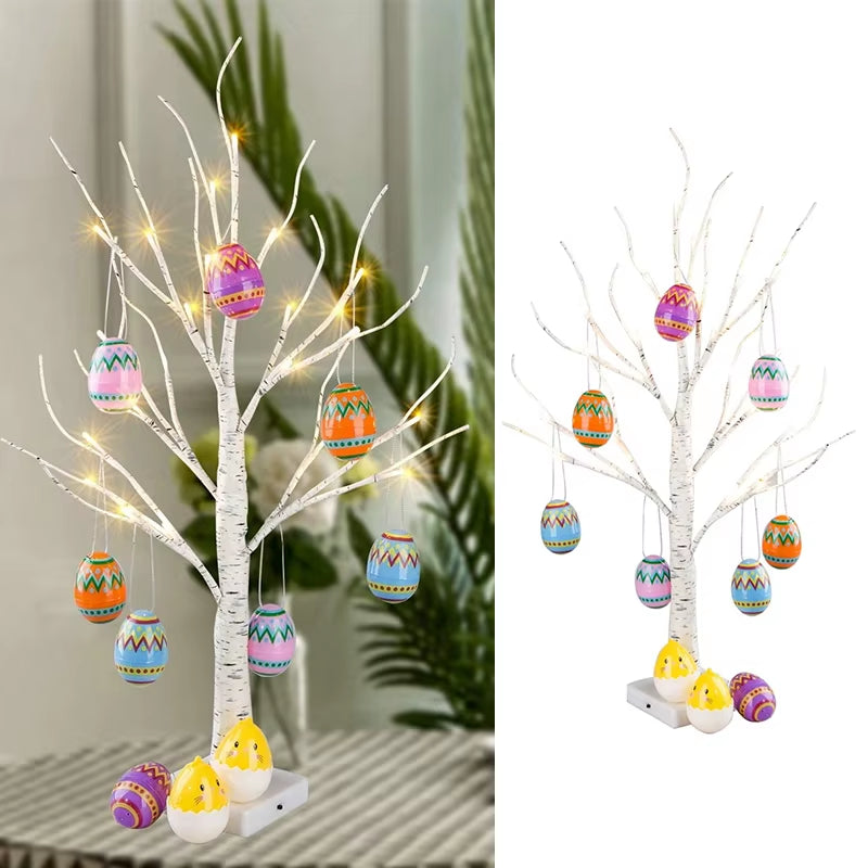 60Cm Easter Decor LED Birch Tree Light Easter Eggs Hanging Ornament Tree Easter Party Supplies Easter Decorations for Home Table