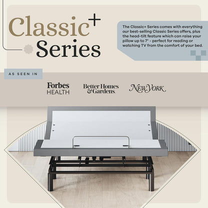 Classic plus (With Head-Tilt) Adjustable Bed Base, Head and Foot Lift, Tilt, Massage, Under-Bed Lights, USB, Memory Positions, Zero Gravity - Queen
