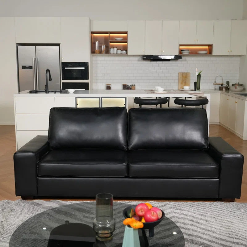 89" Upholstered Vegan Leather Sofa with Wide Square Arms and Storage Pockets Couches