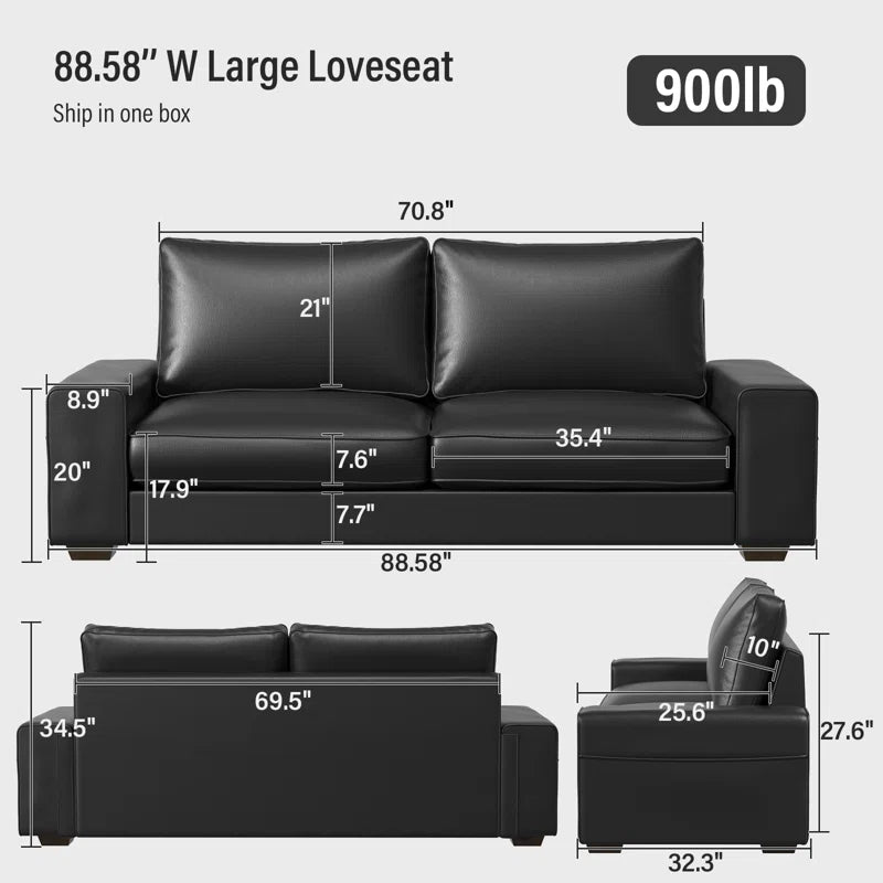 89" Upholstered Vegan Leather Sofa with Wide Square Arms and Storage Pockets Couches