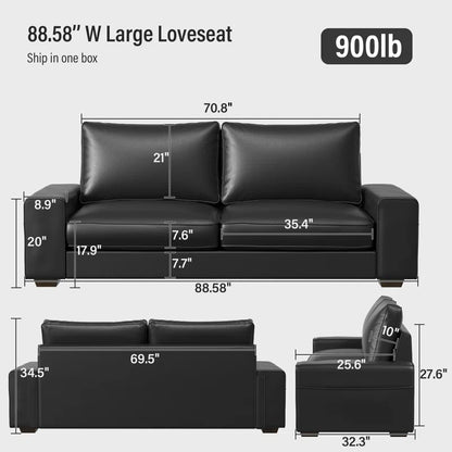 89" Upholstered Vegan Leather Sofa with Wide Square Arms and Storage Pockets Couches