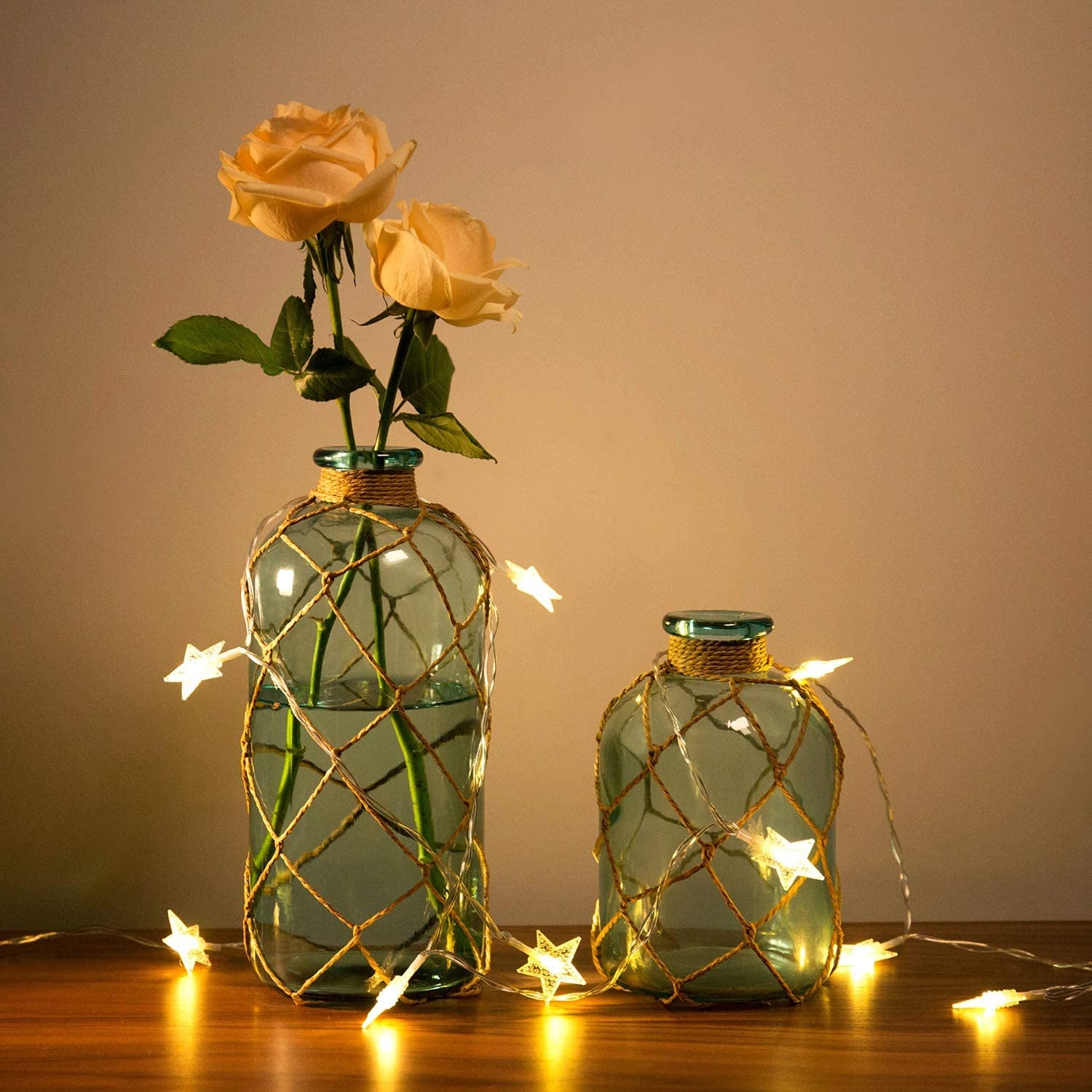Rustic Glass Bottle Vase Decorative Blue Flower Vase with Creative Rope Net (Large)