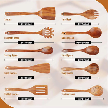 Wooden Spoons for Cooking, 5 Pcs Natural Teak Wooden Kitchen Utensil Set , Wooden Cooking Utensils Set for Nonstick Pans & Cookware