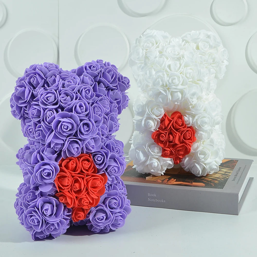Rose Bear 25Cm Teddy Rose Bear with Love Heart Artificial Flower for Valentine'S Wedding Birthday Christmas Gift Home Decoration