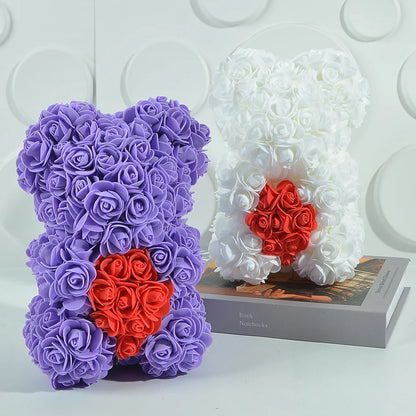 Rose Bear 25Cm Teddy Rose Bear with Love Heart Artificial Flower for Valentine'S Wedding Birthday Christmas Gift Home Decoration