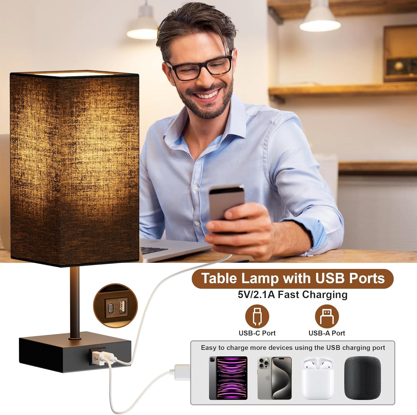 Table Lamp for Bedroom, 3 Way Dimmable Touch Bedside Lamp, Small Lamp with 2 USB & Outlet, Black Nightstand Lamps for End Table, Living Room, Desk, Bulb Included