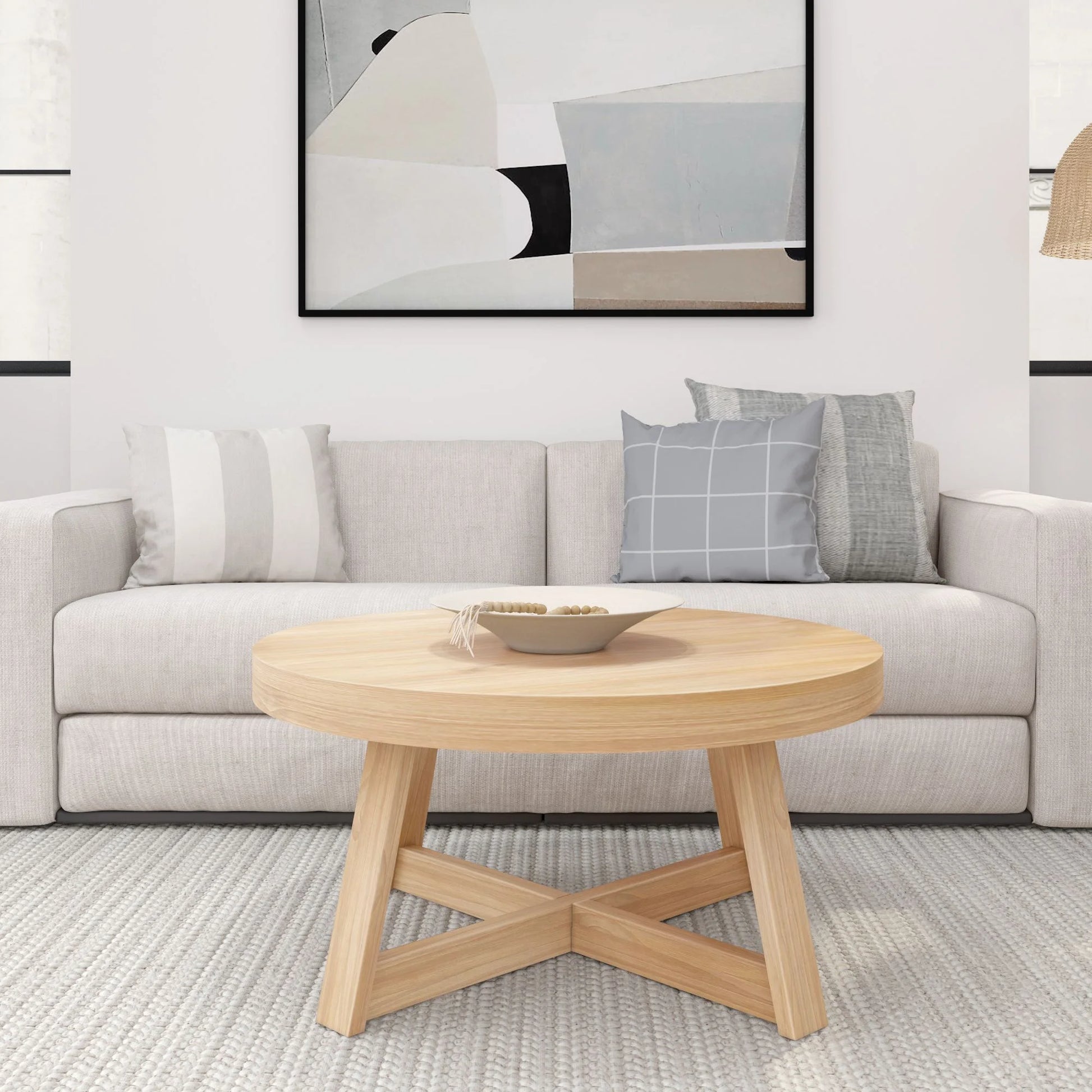 Plank and Beam Farmhouse round Wood Coffee Table, White Sand Wirebrush