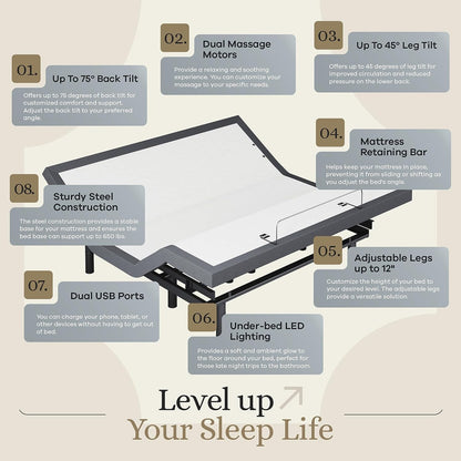 Classic Adjustable Bed Base (Frame) + 14 Inch Hybrid Spring Matt (Medium Soft), Head and Foot Lift, Massage, Under-Bed Lights, USB, Memory Positions, Zero Gravity, Wireless Remote - King