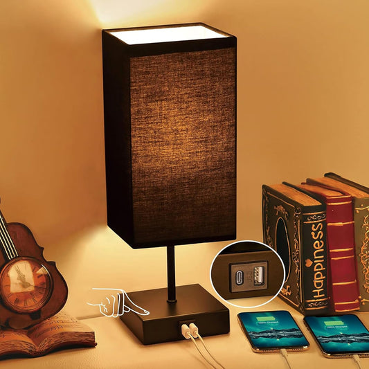 Table Lamp for Bedroom, 3 Way Dimmable Touch Bedside Lamp, Small Lamp with 2 USB & Outlet, Black Nightstand Lamps for End Table, Living Room, Desk, Bulb Included