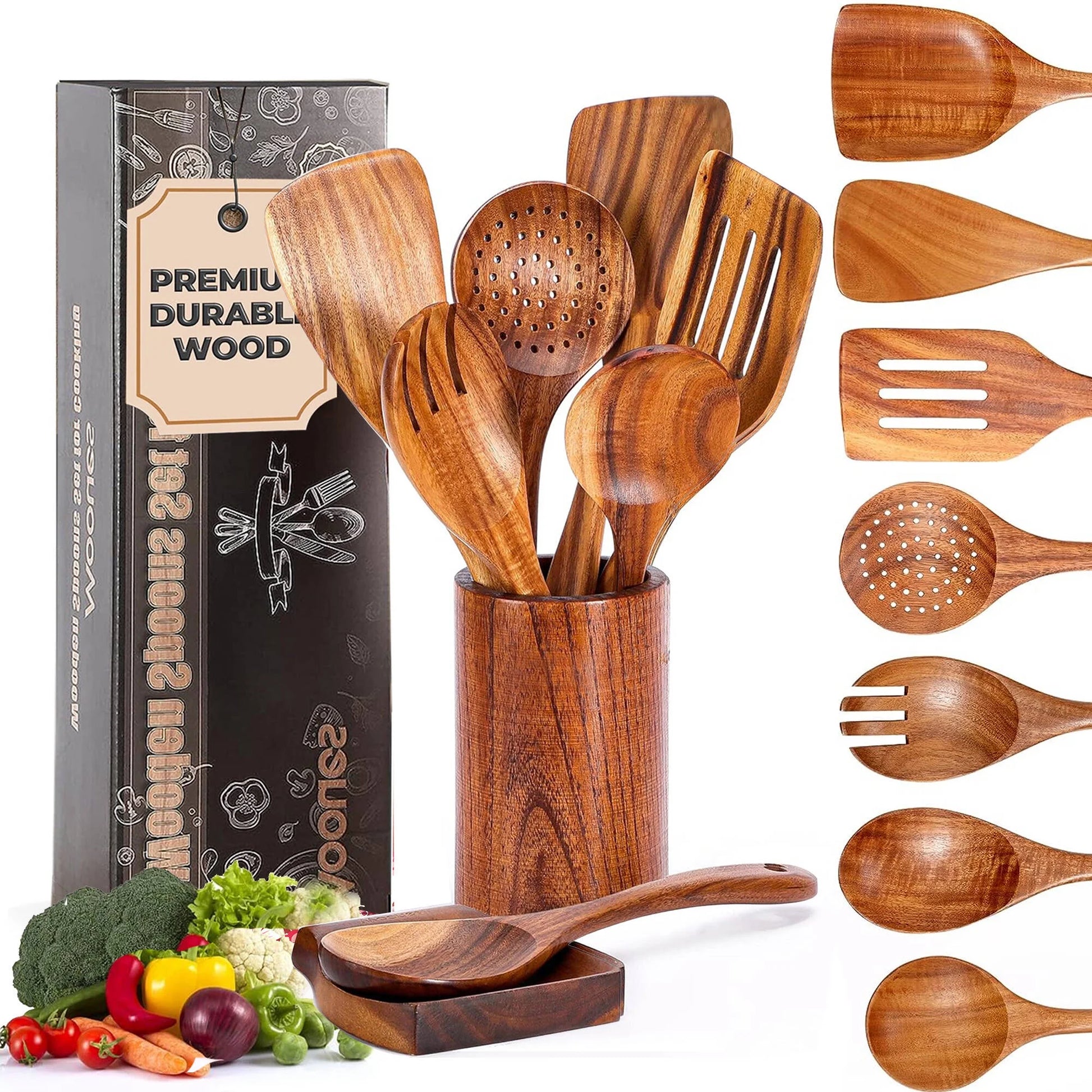 Wooden Spoons for Cooking, 5 Pcs Natural Teak Wooden Kitchen Utensil Set , Wooden Cooking Utensils Set for Nonstick Pans & Cookware