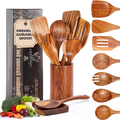 Wooden Spoons for Cooking, 5 Pcs Natural Teak Wooden Kitchen Utensil Set , Wooden Cooking Utensils Set for Nonstick Pans & Cookware