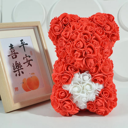 Rose Bear 25Cm Teddy Rose Bear with Love Heart Artificial Flower for Valentine'S Wedding Birthday Christmas Gift Home Decoration