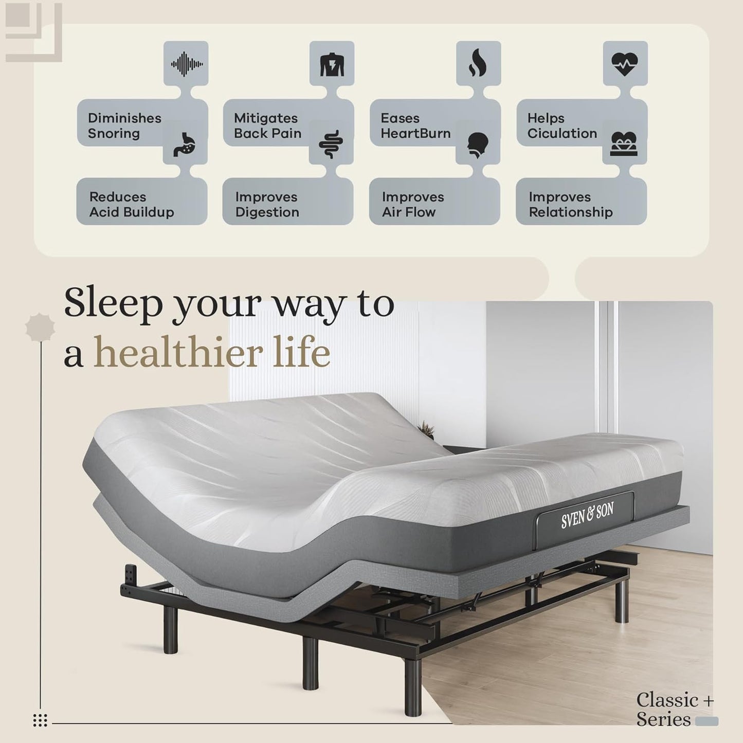 Classic plus (With Head-Tilt) Adjustable Bed Base (Frame) + 14 Inch Hybrid Spring Matt (Medium Soft), Head and Foot Lift, Massage, Under-Bed Lights, USB, Memory, Zero Gravity - King