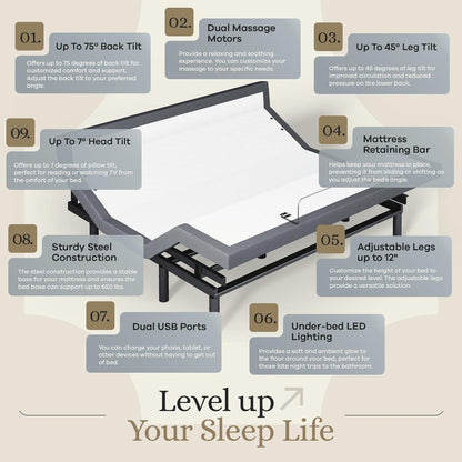 Classic plus (With Head-Tilt) Adjustable Bed Base (Frame) + 14 Inch Hybrid Spring Matt (Medium Soft), Head and Foot Lift, Massage, Under-Bed Lights, USB, Memory, Zero Gravity - King