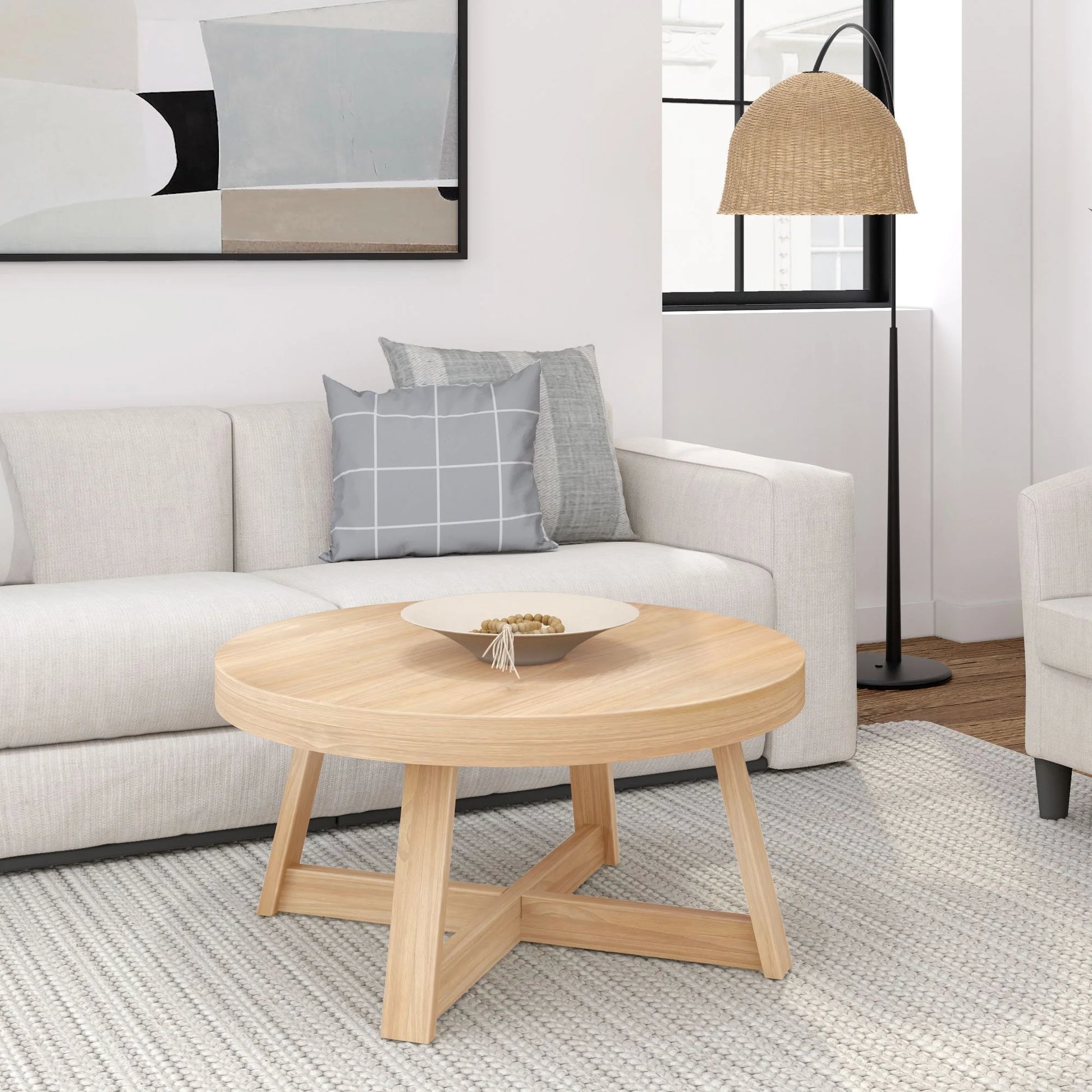 Plank and Beam Farmhouse round Wood Coffee Table, White Sand Wirebrush