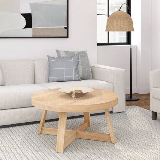 Plank and Beam Farmhouse round Wood Coffee Table, White Sand Wirebrush