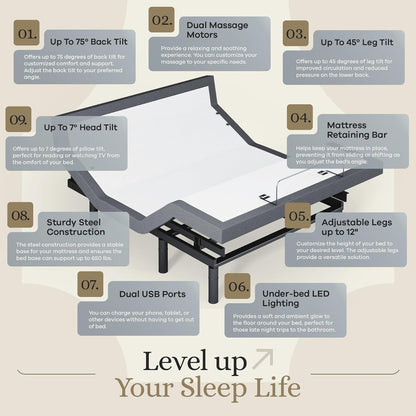 Classic plus (With Head-Tilt) Adjustable Bed Base, Head and Foot Lift, Tilt, Massage, Under-Bed Lights, USB, Memory Positions, Zero Gravity - Queen