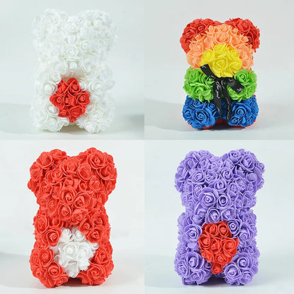 Rose Bear 25Cm Teddy Rose Bear with Love Heart Artificial Flower for Valentine'S Wedding Birthday Christmas Gift Home Decoration