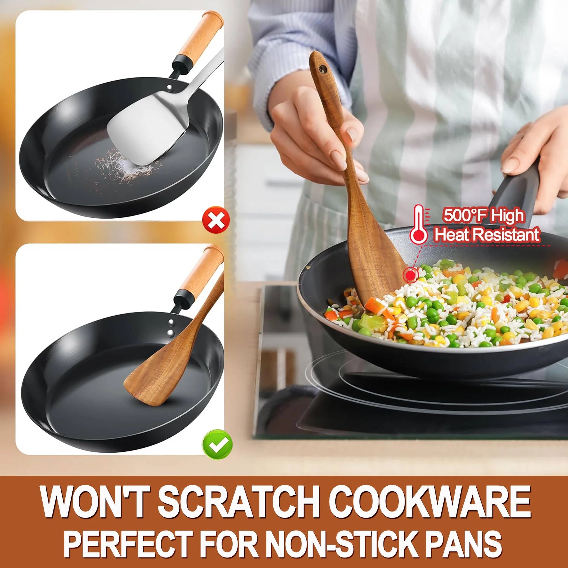 Wooden Spoons for Cooking, 5 Pcs Natural Teak Wooden Kitchen Utensil Set , Wooden Cooking Utensils Set for Nonstick Pans & Cookware