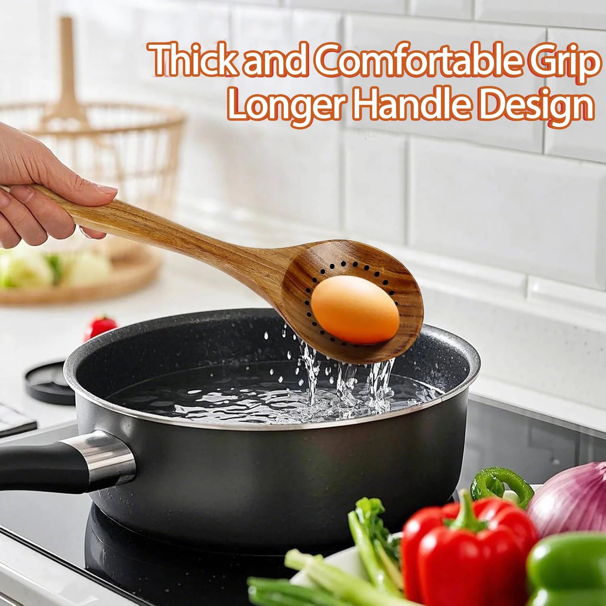 Wooden Spoons for Cooking, 5 Pcs Natural Teak Wooden Kitchen Utensil Set , Wooden Cooking Utensils Set for Nonstick Pans & Cookware
