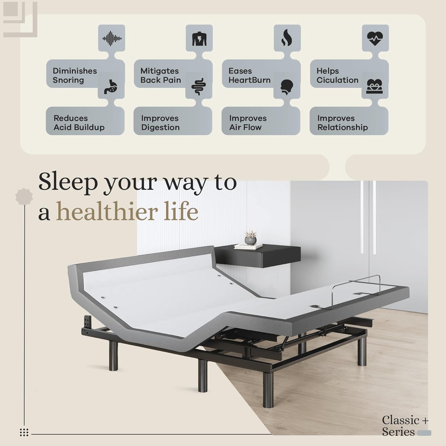 Classic plus (With Head-Tilt) Adjustable Bed Base, Head and Foot Lift, Tilt, Massage, Under-Bed Lights, USB, Memory Positions, Zero Gravity - Queen