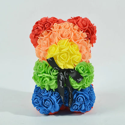 Rose Bear 25Cm Teddy Rose Bear with Love Heart Artificial Flower for Valentine'S Wedding Birthday Christmas Gift Home Decoration